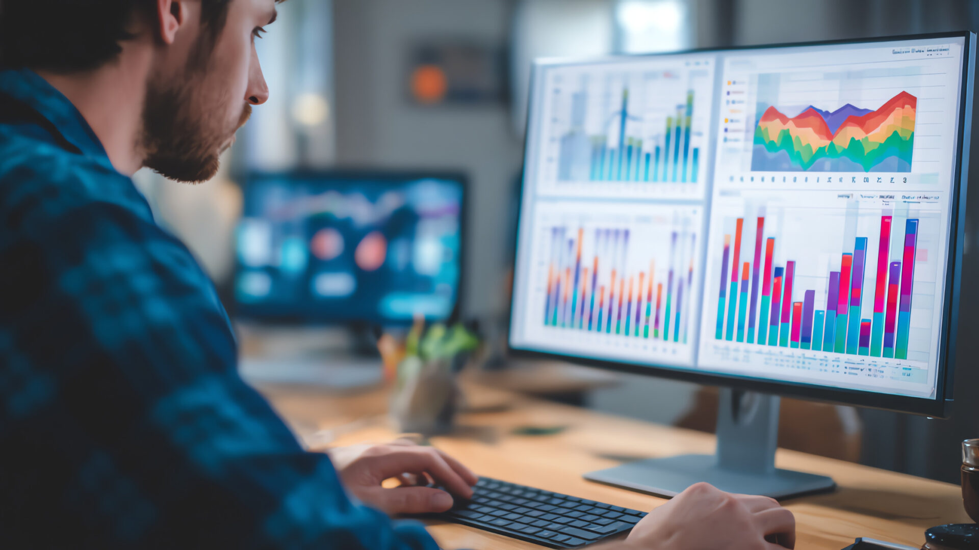 Pantalla de dashboard industrial con gráficos de producción en planta de manufactura