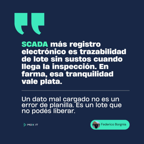 Placa con la frase “SCADA más registro electrónico es trazabilidad de lote sin sustos cuando llega la inspección” y el mensaje “Un dato mal cargado no es un error de planilla. Es un lote que no podés liberar”, sobre fondo azul corporativo de MOX IT.